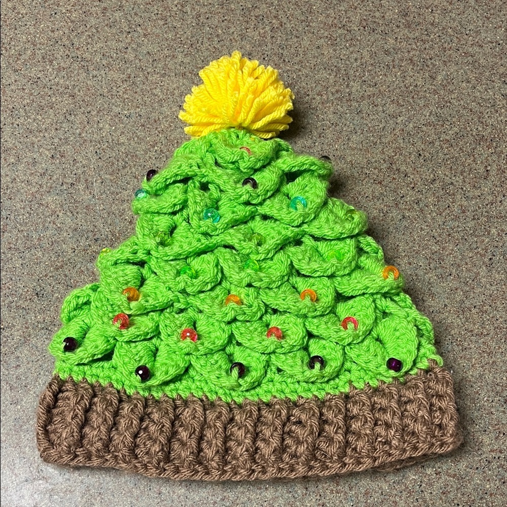 Green Crochet Beanie with Yellow Pom-Pom‎ handmade